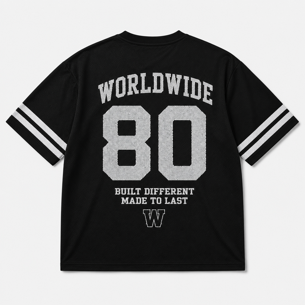 Black t-shirt with white text and stripes on a light gray background