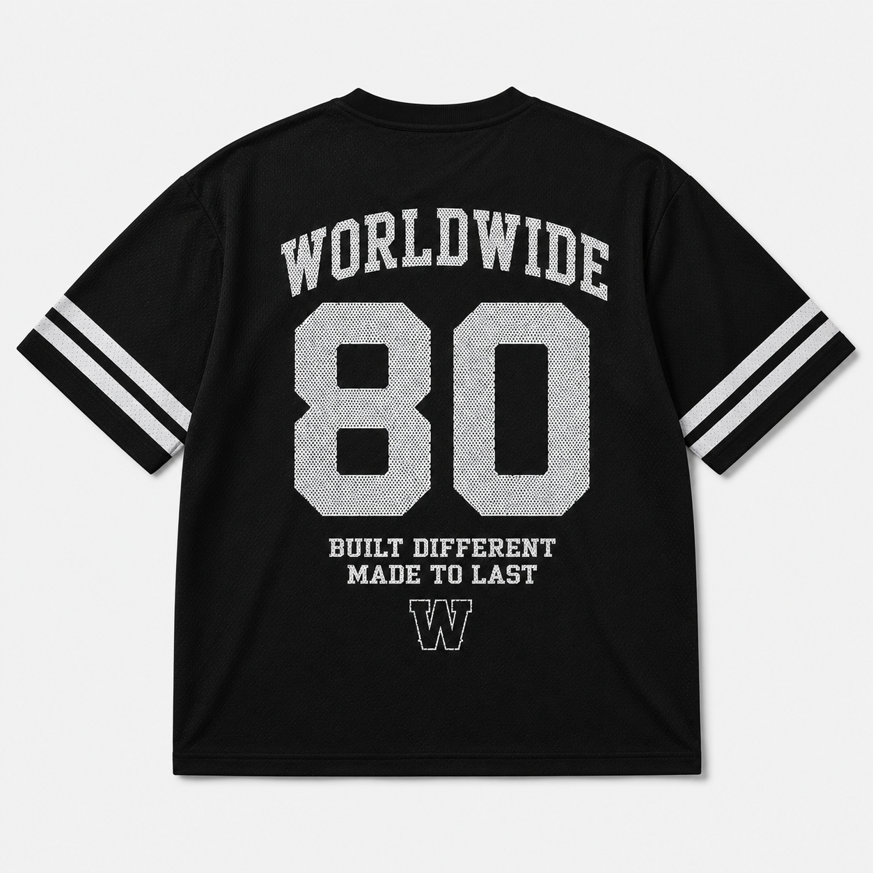 Black t-shirt with white text and stripes on a light gray background