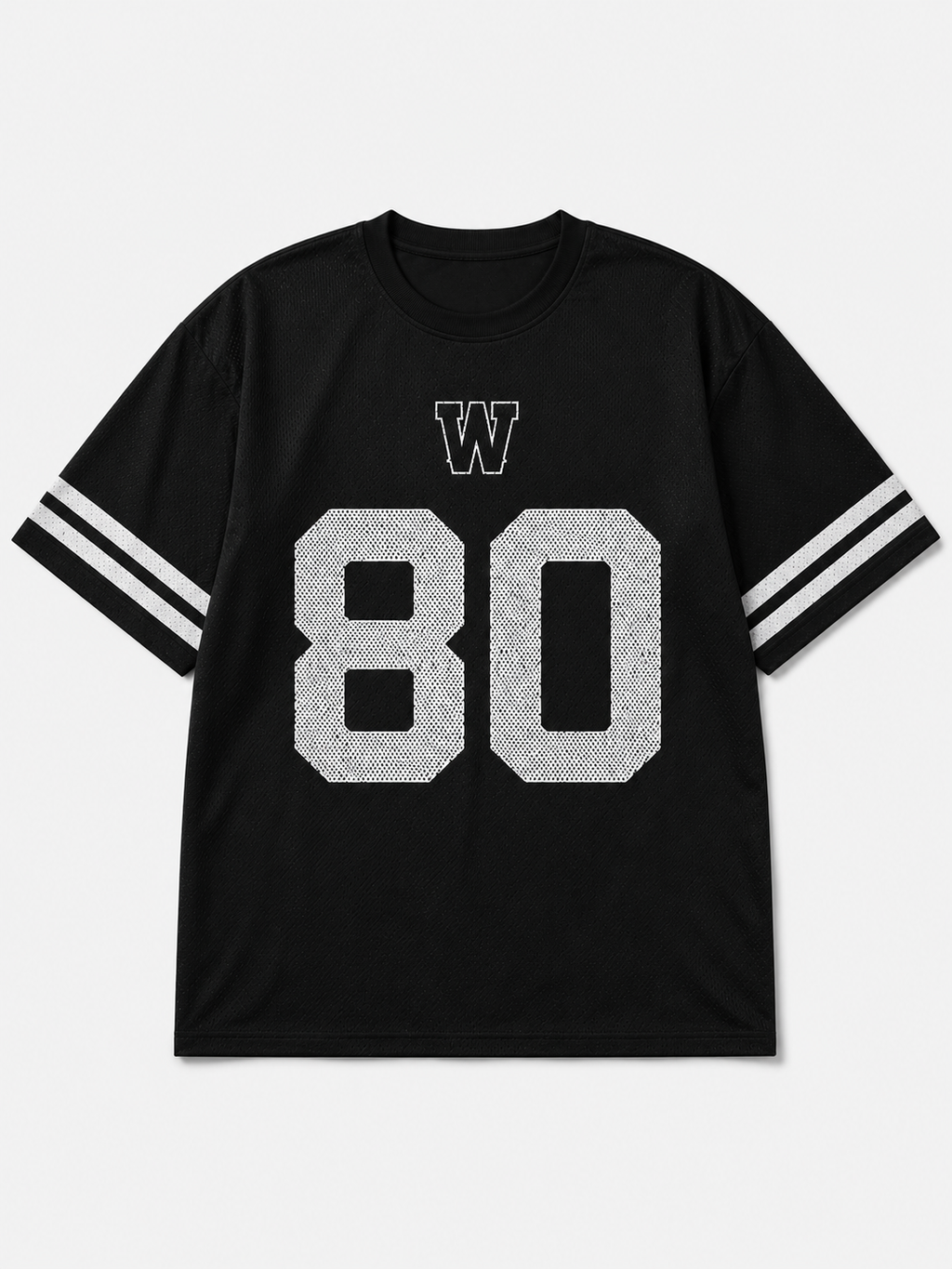 Black t-shirt with white letter 'W' and number '80' on a light gray background