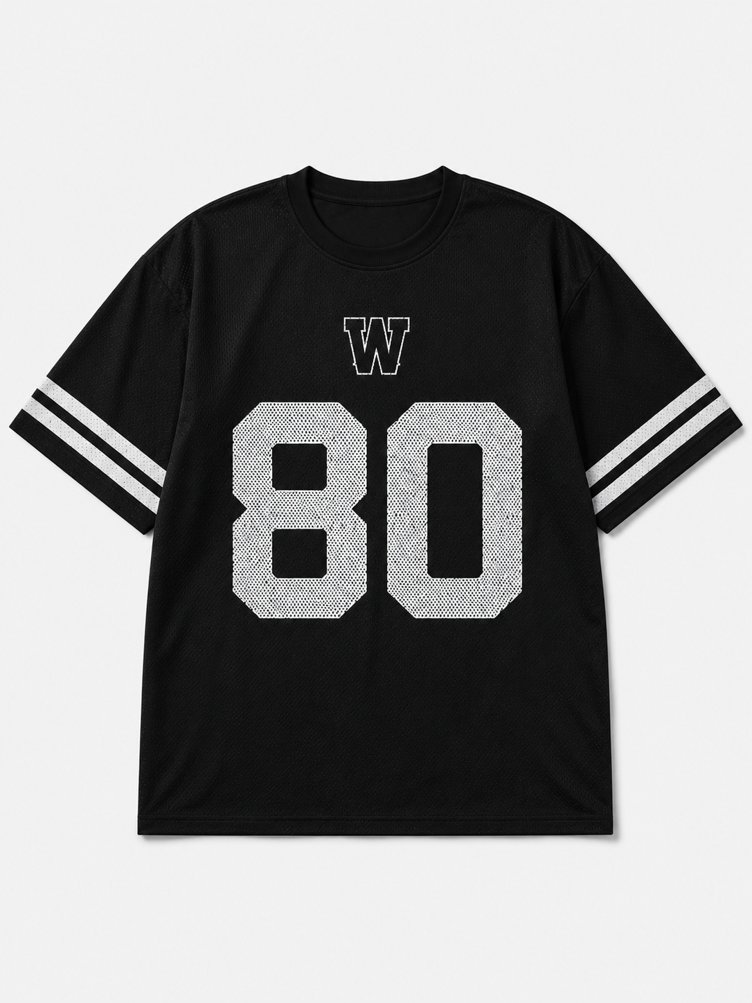 Black t-shirt with white letter 'W' and number '80' on a light gray background