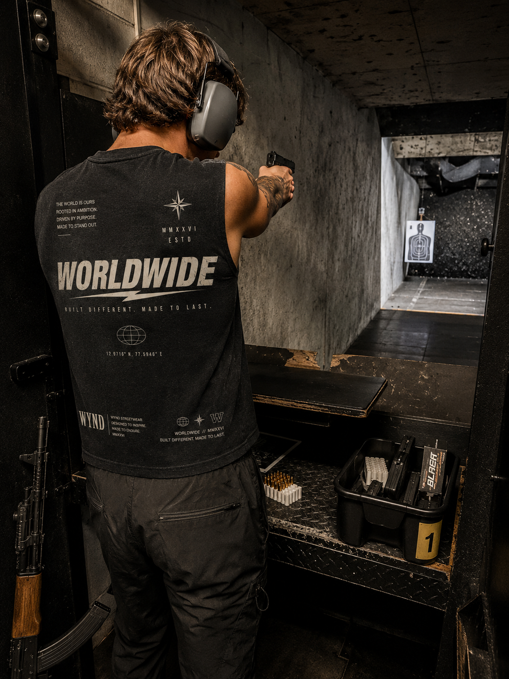 Person wearing a 'Worldwide' shirt at a shooting range sleeveless tee streetwear acid washed
