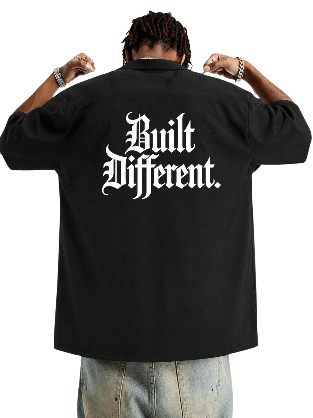 WYND black 100% cotton oversized shirt with half sleeves and white gothic text graphic on back.