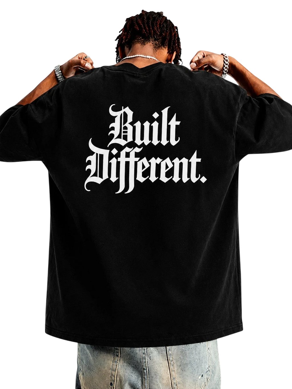 WYND black oversized terry knit tee with white gothic text "Built Different." on back. Unisex fit.