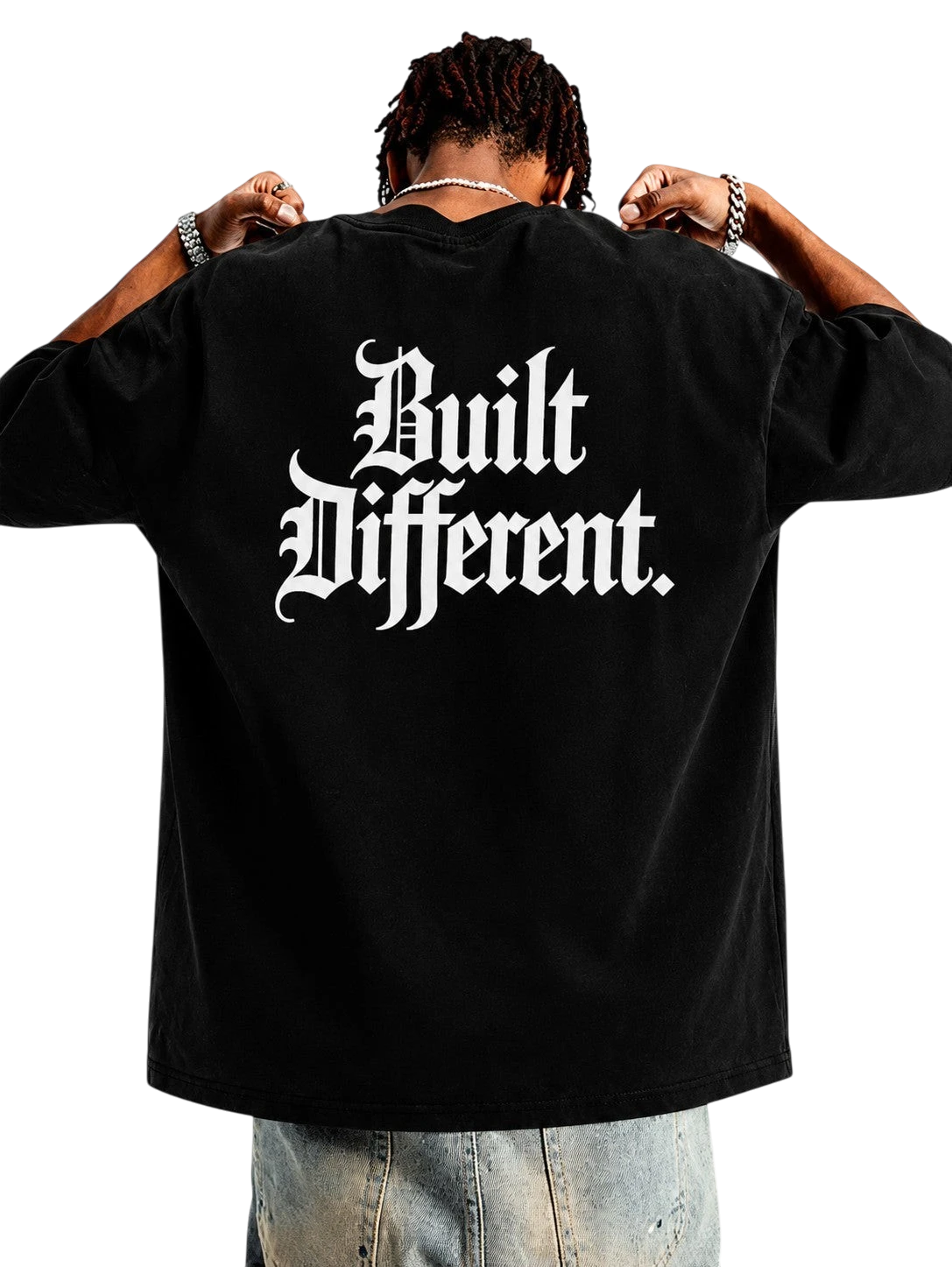WYND black oversized terry knit tee with white gothic text "Built Different." on back. Unisex fit.