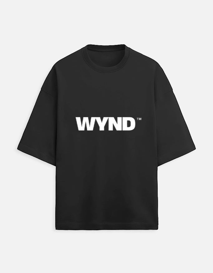 WYND black oversized terry knit t-shirt with drop shoulders and white logo