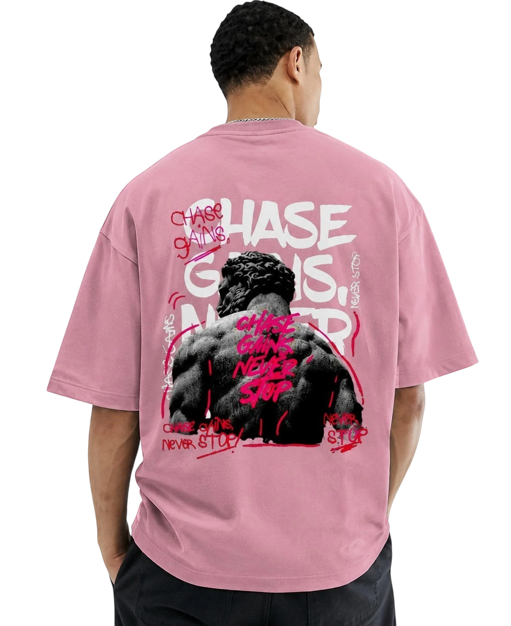 WYND unisex oversized pink terry knit t-shirt with graphic print of a muscular back and text.