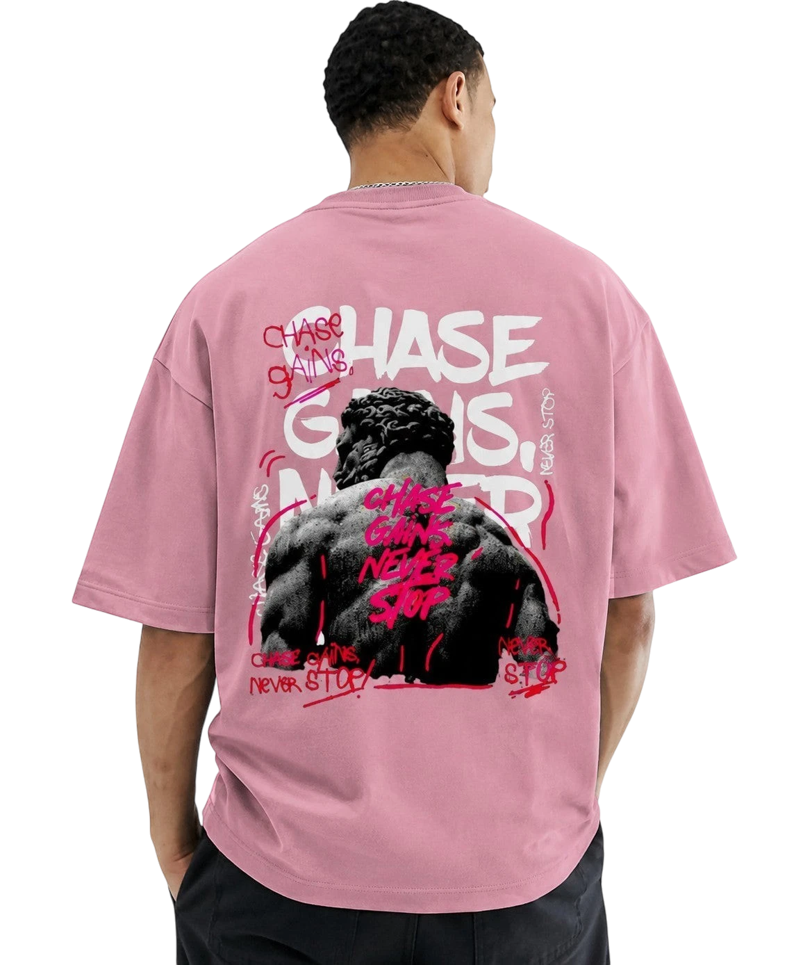 WYND unisex oversized pink terry knit t-shirt with graphic print of a muscular back and text.