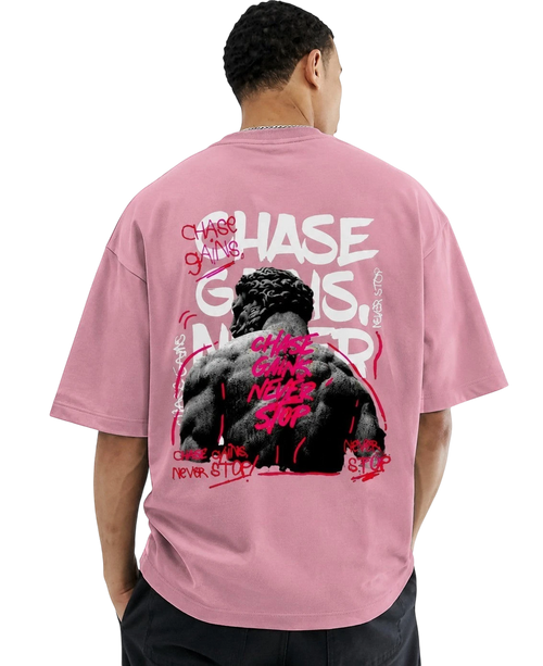 WYND unisex oversized pink terry knit t-shirt with graphic print of a muscular back and text.