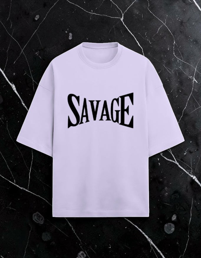 WYND oversized light purple tee with black arched SAVAGE typography on the chest. 260 GSM terry-knit cotton-polyester blend.