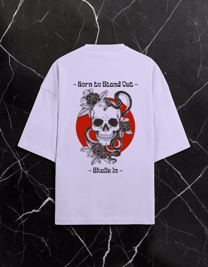 WYND white oversized tee with a graphic of a skull, snake, roses, and a red sun on the back. Unisex fit, terry-knit texture.