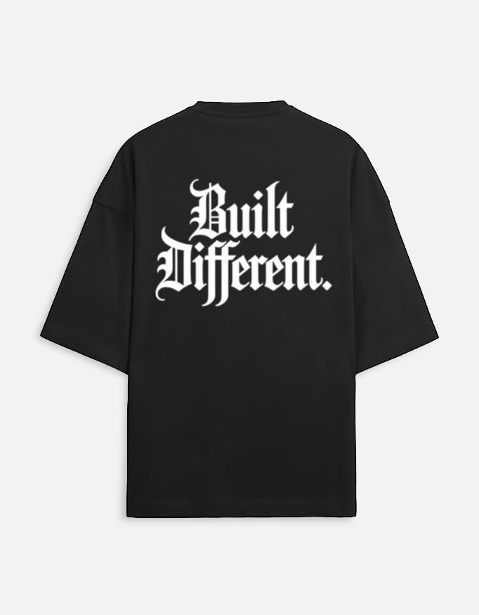 WYND black unisex oversized tee made from 90/10 cotton polyester terry-knit with drop shoulders and white gothic text graphic.